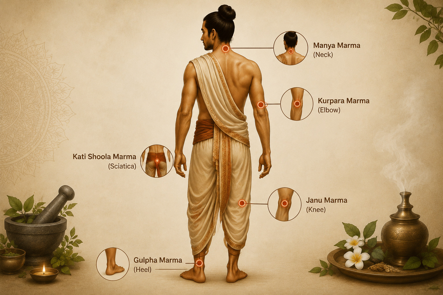 Educational diagram: back view of a man in traditional attire with highlighted marmas (neck, elbow, knee, heel) and labels surrounding the body.