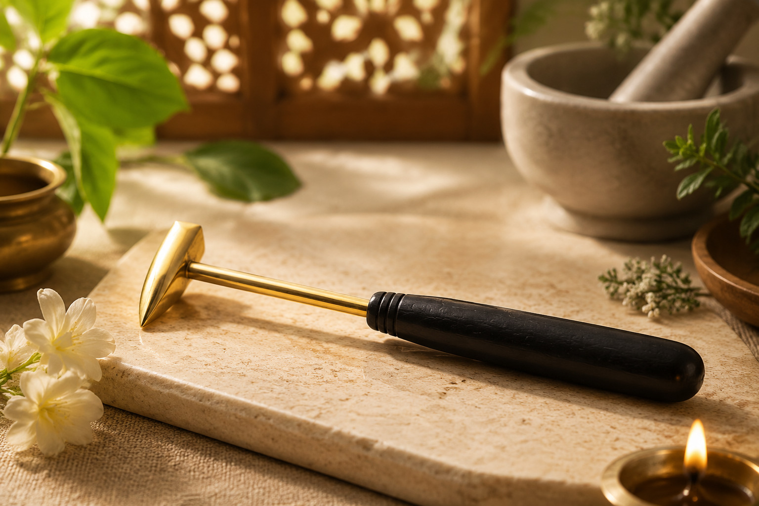 Gold waxing spatula with a black handle resting on a beige stone counter in a cozy spa setting.