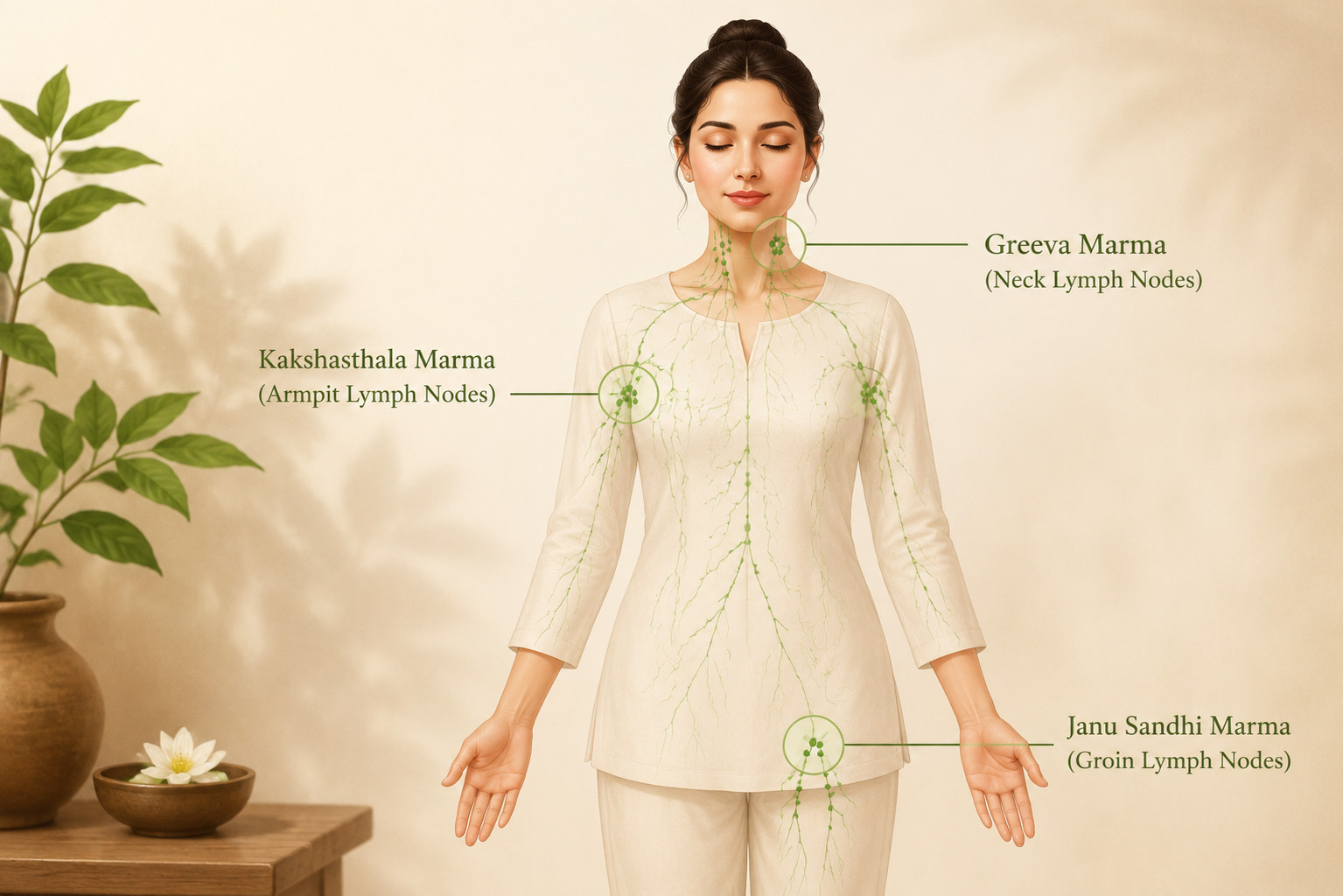 Infographic of a woman with green lines marking lymph nodes at the neck, armpits, and knees.