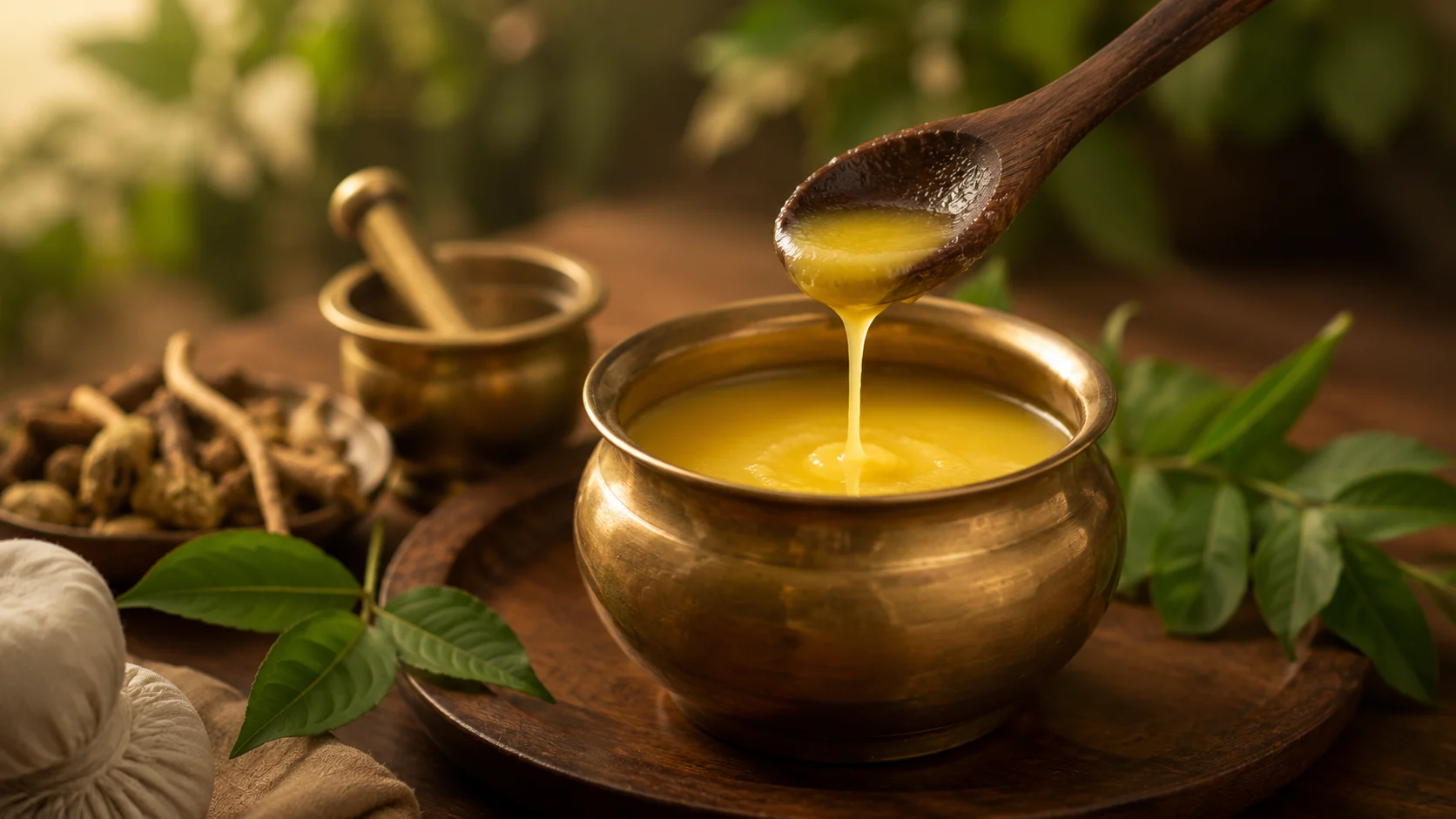 Brass pot of melted ghee with a wooden ladle pouring yellow ghee into it on a wooden tray with green leaves nearby.