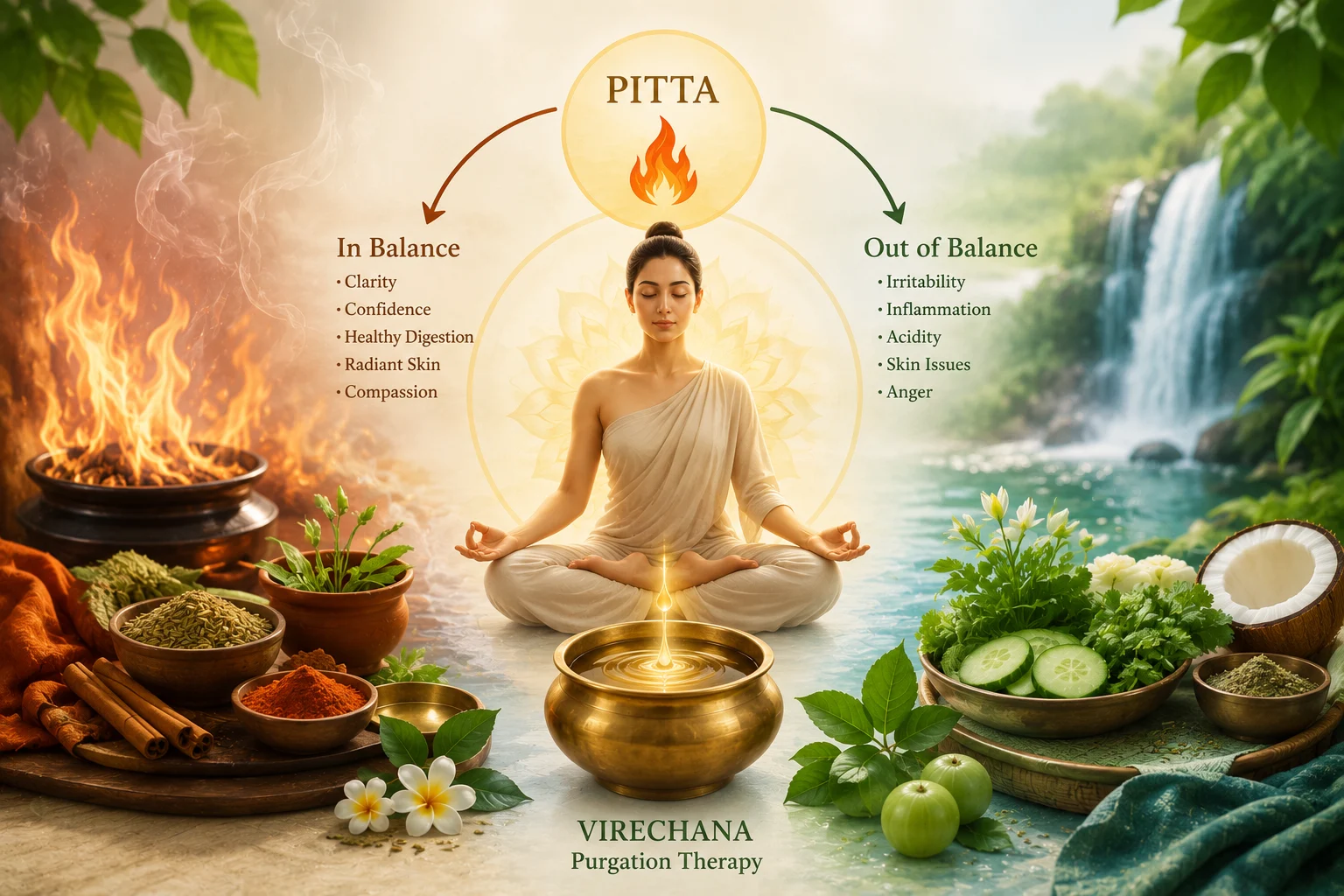 Meditating woman in a serene Ayurvedic setup with herbs and a central purgation pot, illustrating Pitta balance.