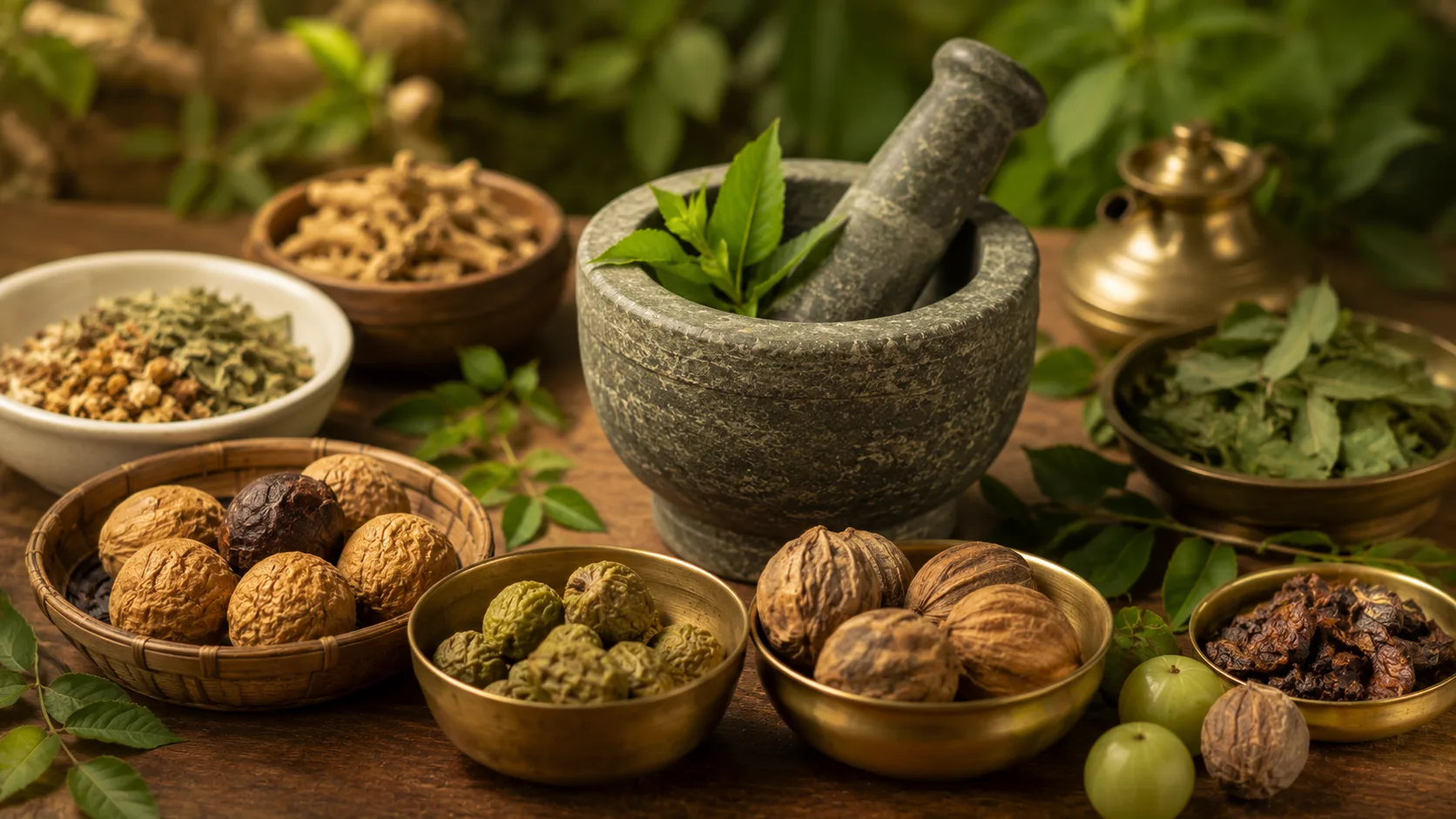 Stone mortar and pestle with fresh green leaves, surrounded by bowls of nuts, dried fruits, and herbs on a wooden table.