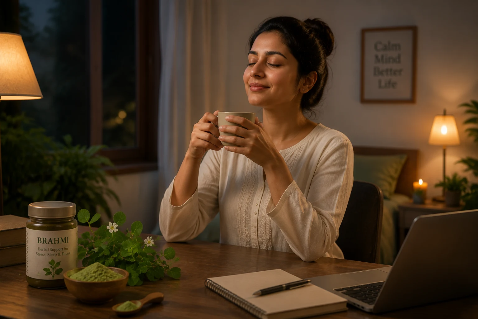 Woman calmly sipping tea at a desk in a cozy evening home office; Brahmi jar and a plant sit on the table.