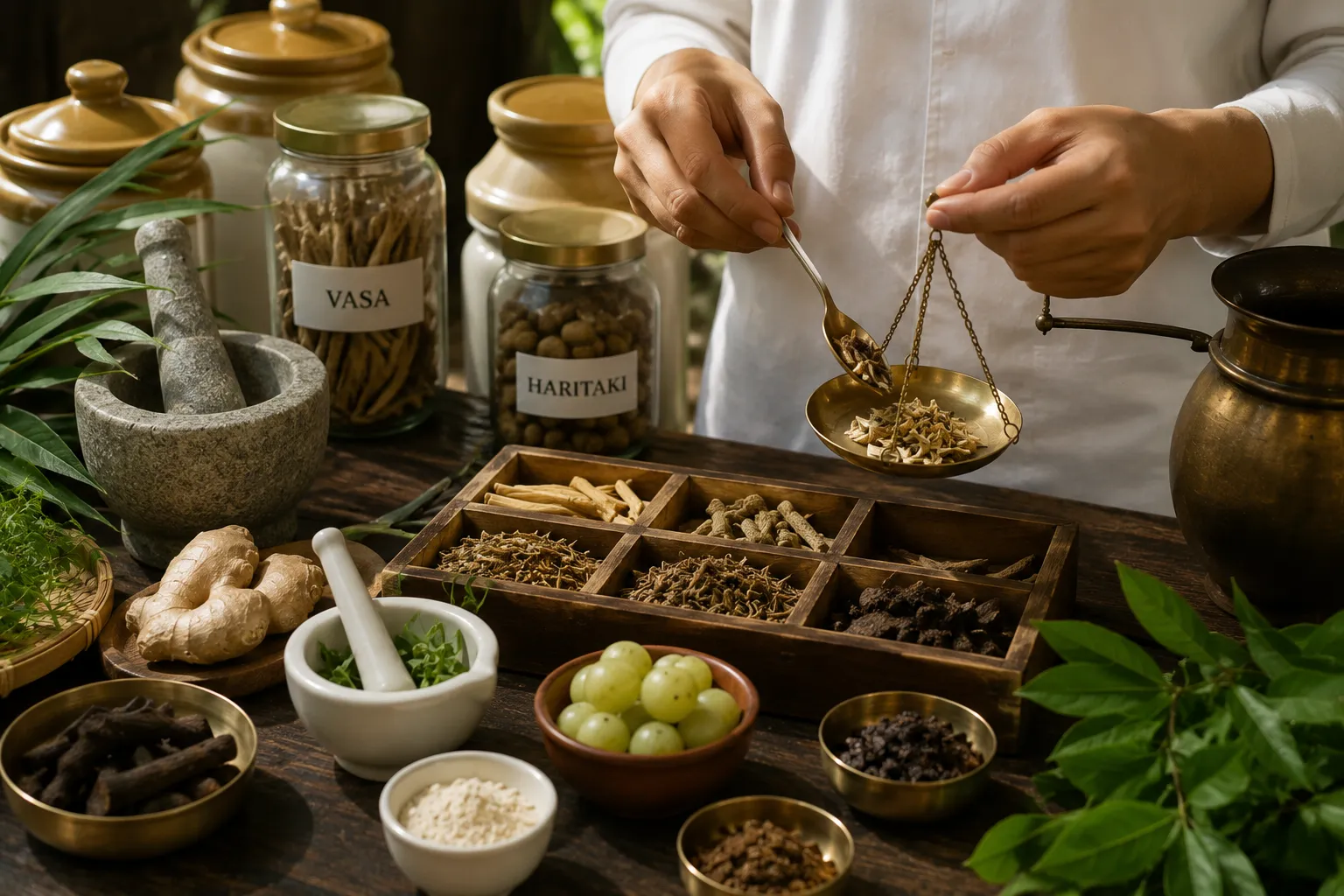 Person measures dried herbs on a brass balance scale over a wooden spice box, with labeled jars (Vasa, Haritaki) in the background.
