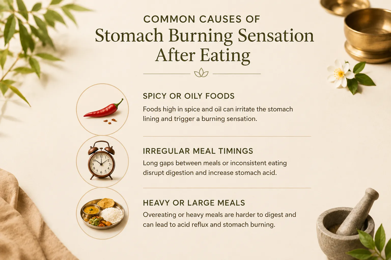 Educational infographic showing three causes of stomach burning after eating: spicy or oily foods, irregular meal timings, and heavy or large meals, with circular icons (pepper, clock, meal)