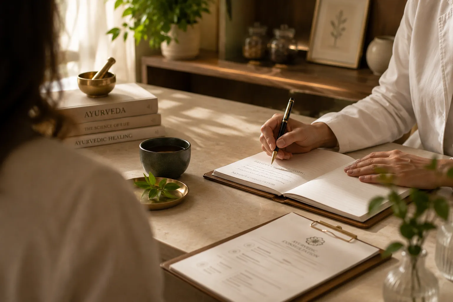 Practitioner in a white coat writes in a notebook at a calm desk with Ayurveda books, tea, and greenery nearby.