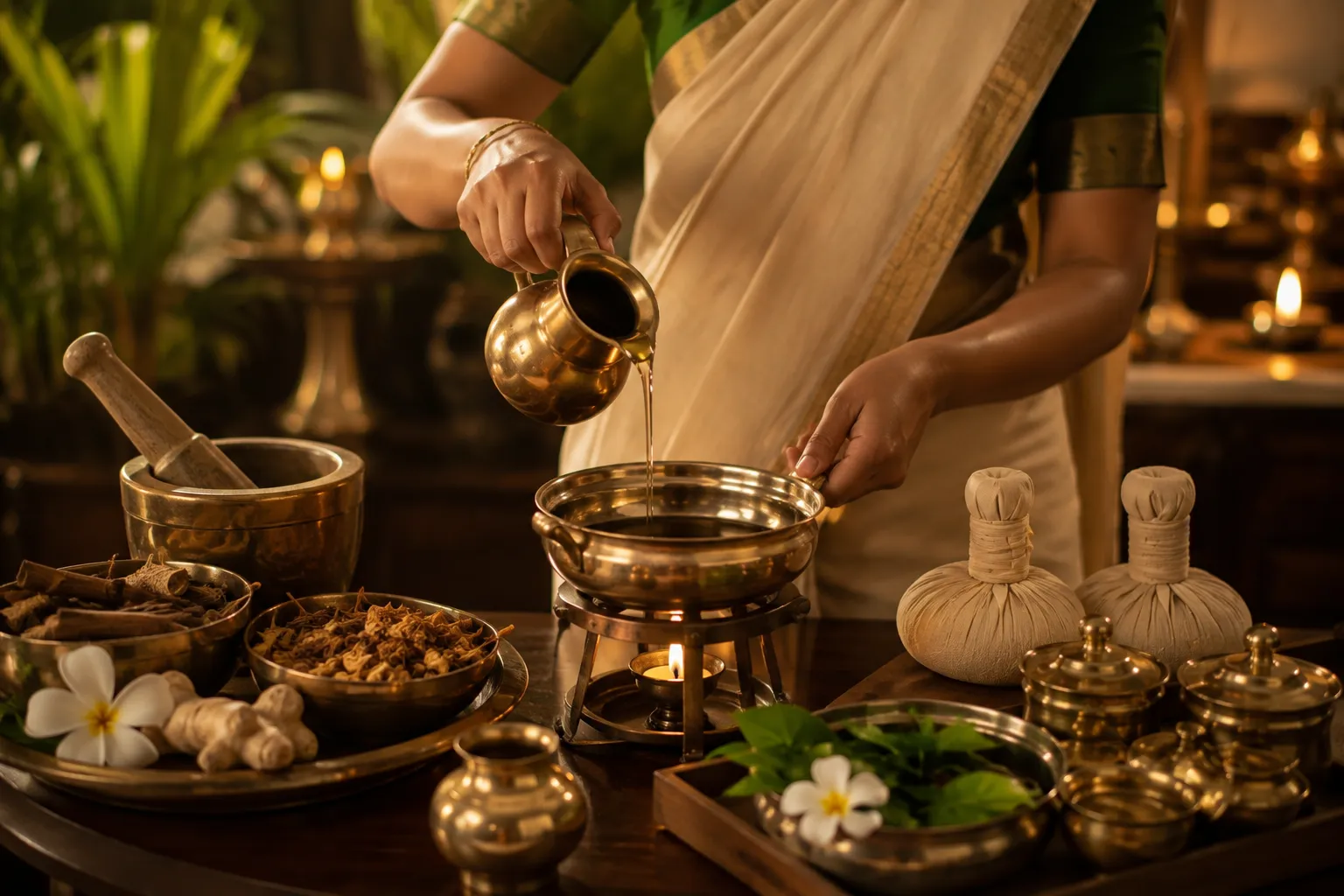 Ayurvedic doctor preparing herbal oil for Basti therapy