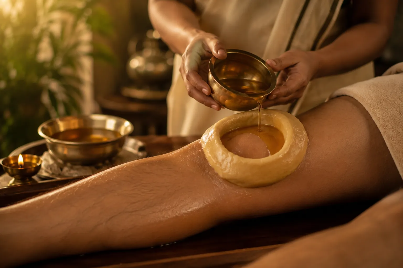 Paraﬃn wax treatment in progress: warm wax being poured from a brass cup onto a client's leg in a spa setting
