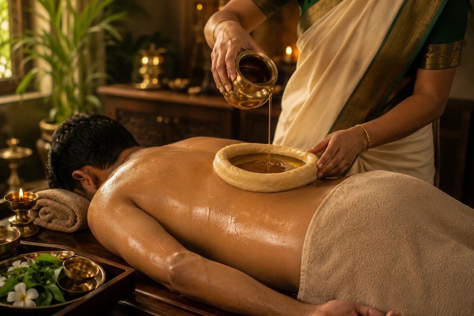 Therapist pours warm oil into a circular brass ring placed on a client's back during an Ayurvedic massage in a spa.