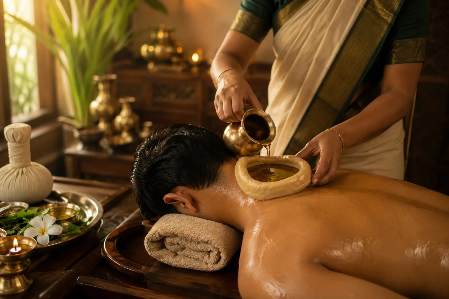 Therapist in traditional attire pours warm oil from a brass pot onto a ring-shaped oil pool on a man's back for Ayurvedic massage in a sunlit spa setting