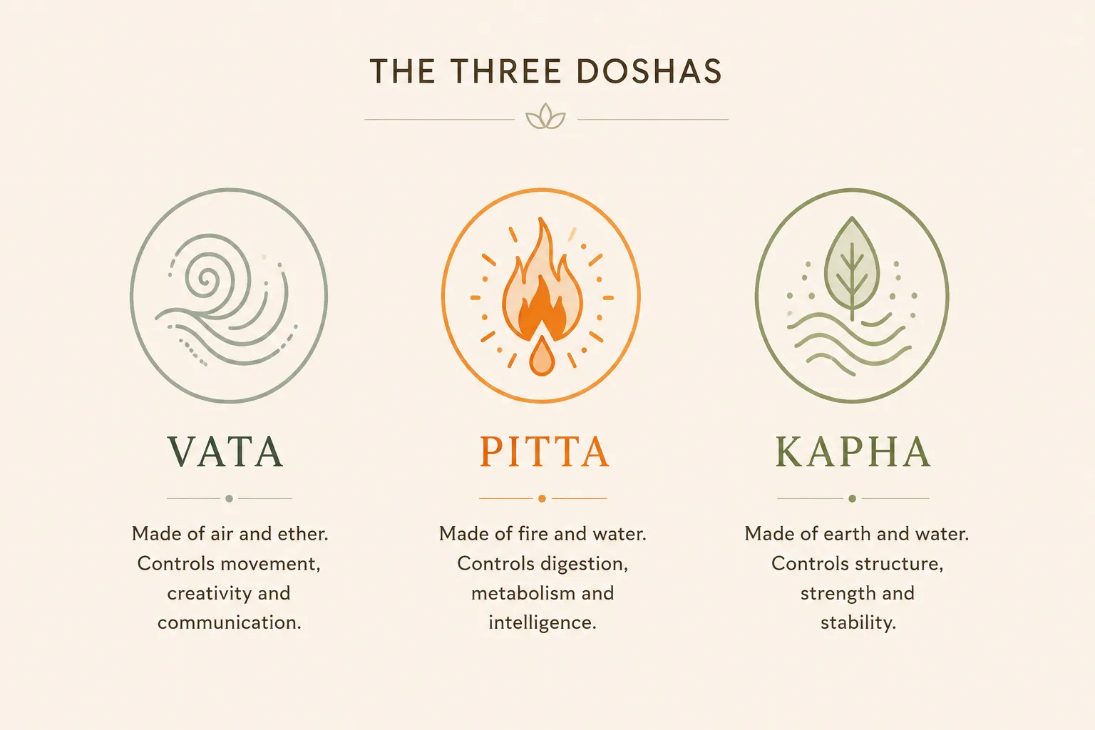 Infographic titled The Three Doshas with three icons and brief descriptions: Vata, Pitta, Kapha.