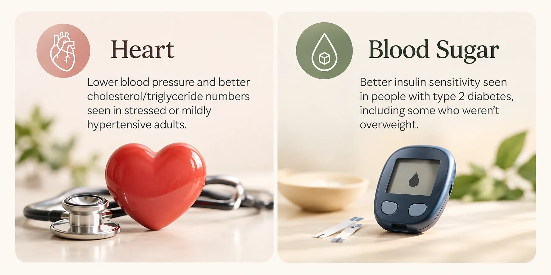 Two-panel health infographic: left panel shows a heart icon with a stethoscope and text about heart health; right panel shows a blood sugar icon and a glucose meter with text about insulin sensitivity.
