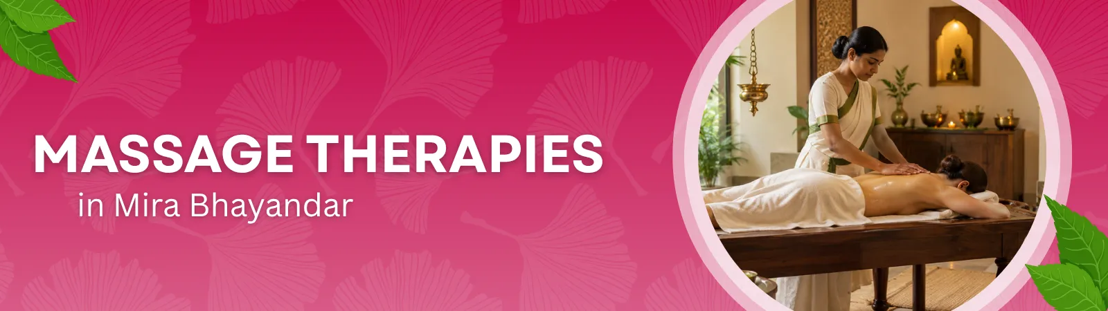 Banner promoting massage therapies in Mira Bhayandar; a therapist gives a back massage to a client in a spa setting.