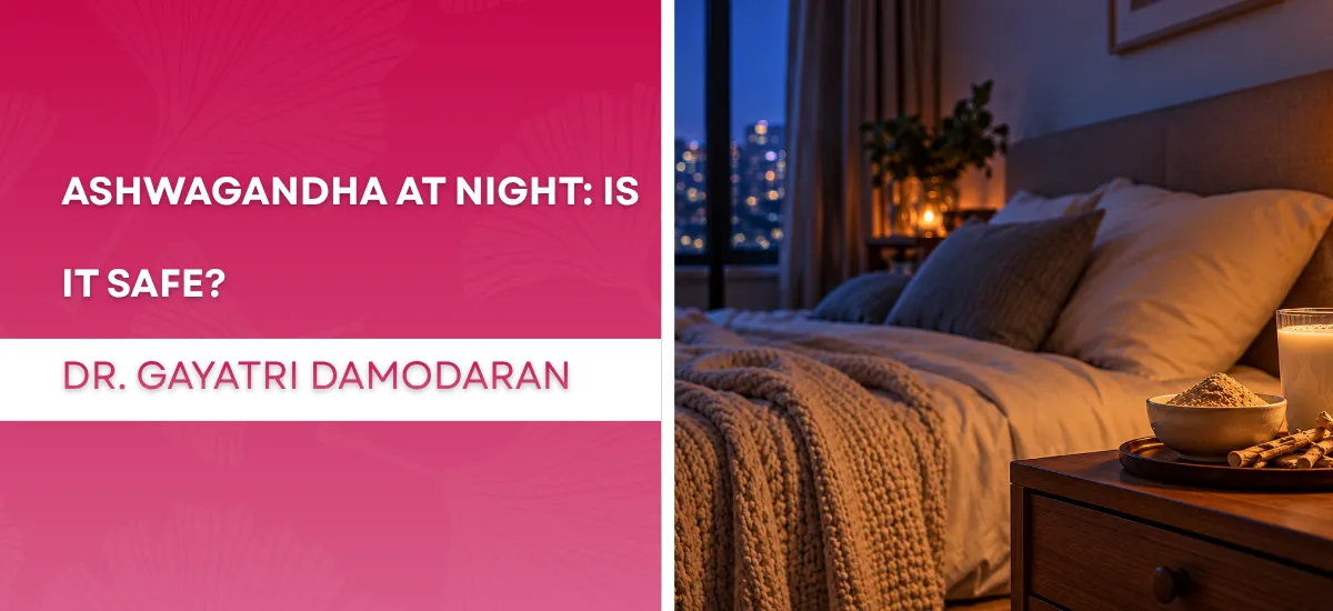 Split image: left pink panel with article title 'Ashwagandha at Night: Is It Safe?' and author 'Dr. Gayatri Damodaran'; right side a cozy bedroom with a bed, blanket, pillows, and a bedside tray with a candle and snack bowl in warm lighting.