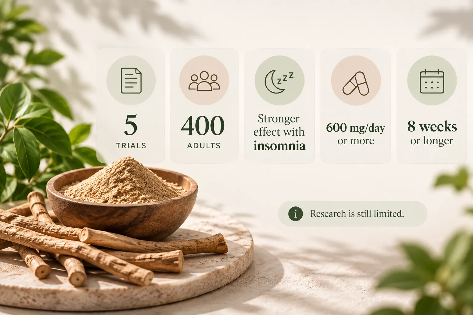 Cinnamon study infographic: 5 trials, 400 adults, possible insomnia relief at 600 mg/day for 8 weeks; research still limited.