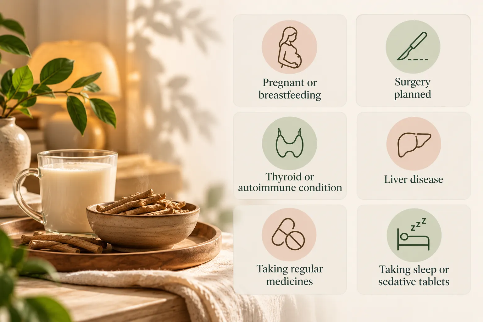 Cozy breakfast scene with a mug of milk and a bowl of biscuits on a wooden tray, plus a leafy plant; on the right, rounded tiles show health-topic icons and captions (pregnant/breastfeeding, surgery planned, thyroid condition, liver disease, taking medicines, sleep aids).