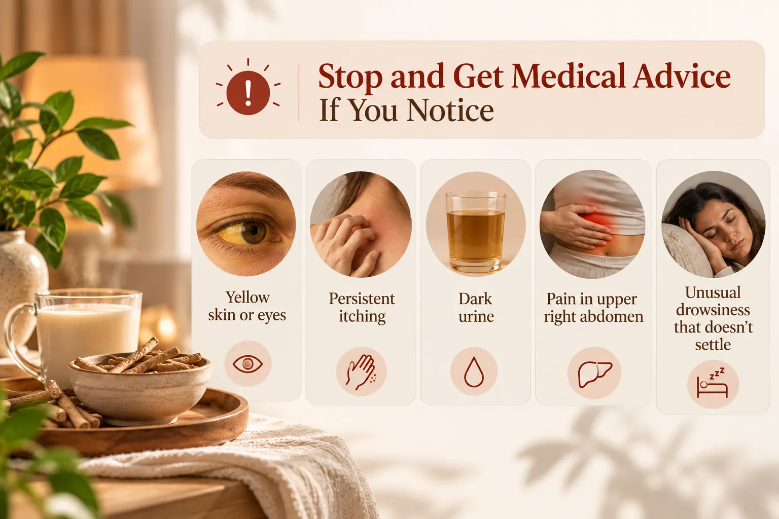 Informational banner with five symptom cards: yellow skin or eyes, persistent itching, dark urine, pain in upper right abdomen, unusual drowsiness (with icons).