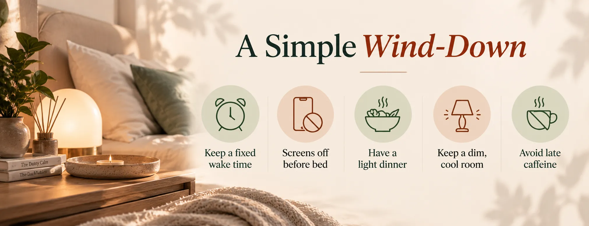Infographic 'A Simple Wind-Down' with five tips: fixed wake time, screens off before bed, light dinner, dim cool room, no late caffeine.