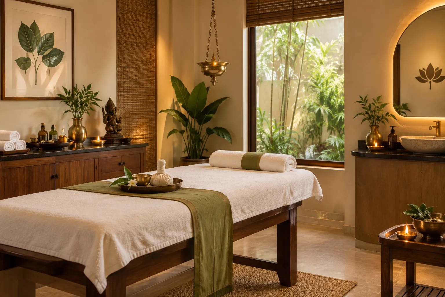 Spa treatment room with a wooden massage table, white linens, and a green runners; plants, candles, and a Buddha statue line the cabinet.