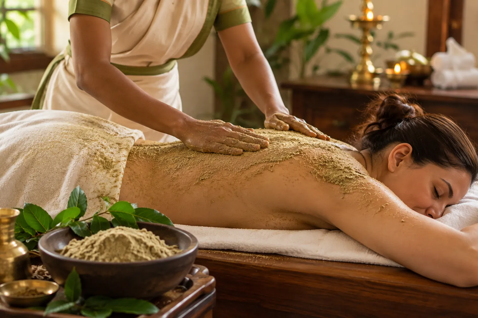 Therapist rubs a sandy scrub into a woman's back during a spa treatment, with bowls of scrub and greenery nearby.