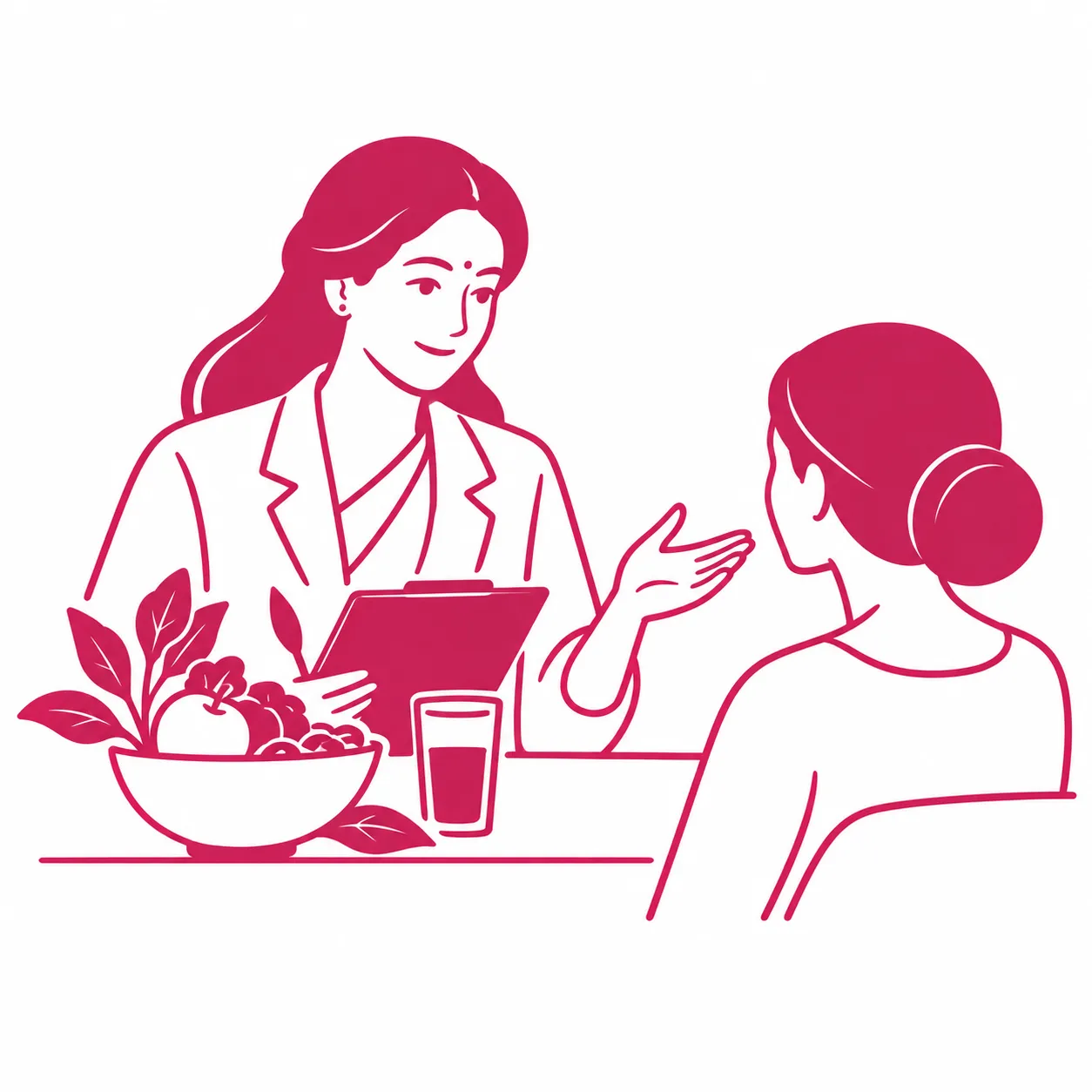 Illustration of a female clinician speaking with a patient across a desk, clipboard in hand, with a fruit bowl and glass on the table.
