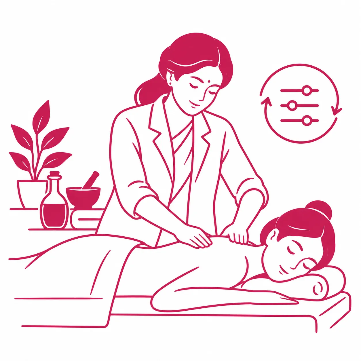 Massage therapist giving a back massage to a client on a treatment table in a spa setting.