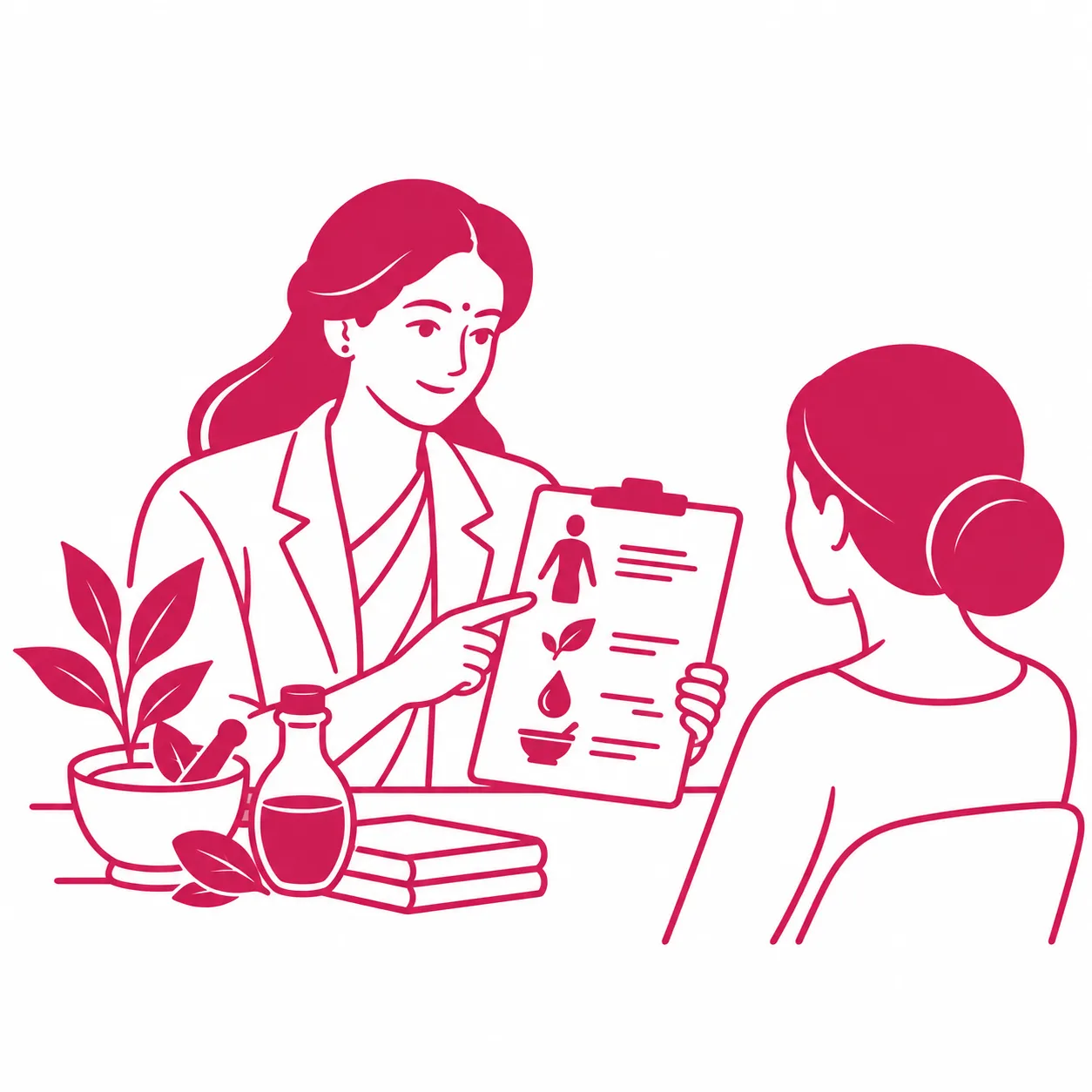 Female healthcare provider shows a health chart to a seated patient, explaining with icons on the clipboard.