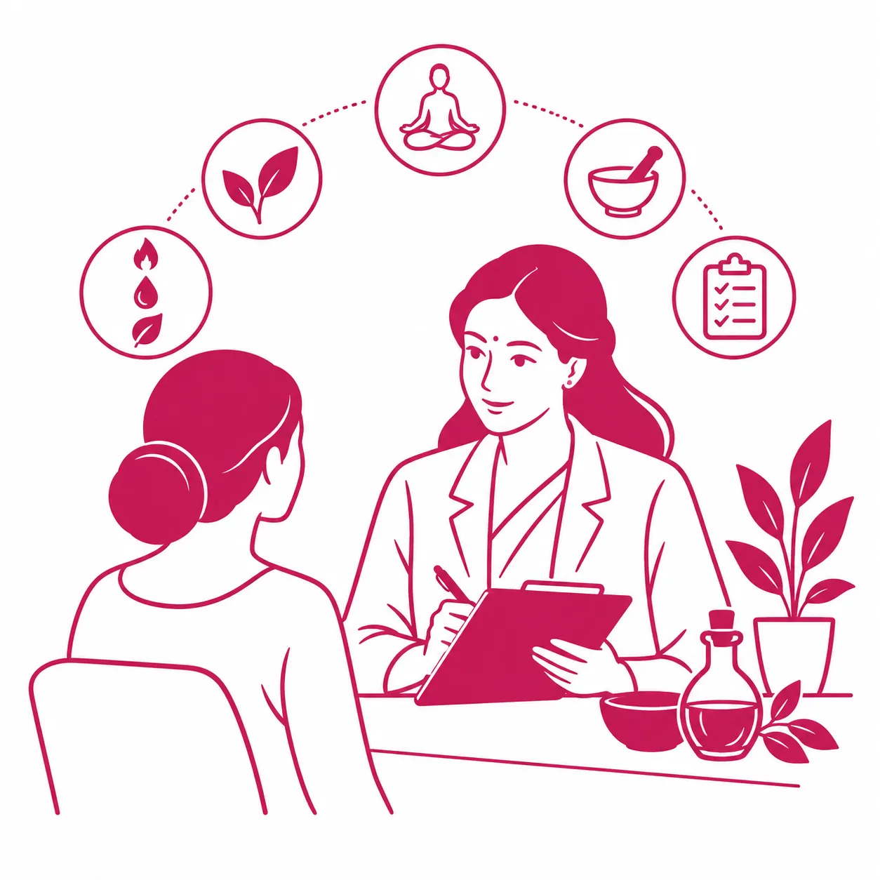 Healthcare professional discusses holistic wellness with a patient at a desk, icons above show meditation, plants, and health tools.
